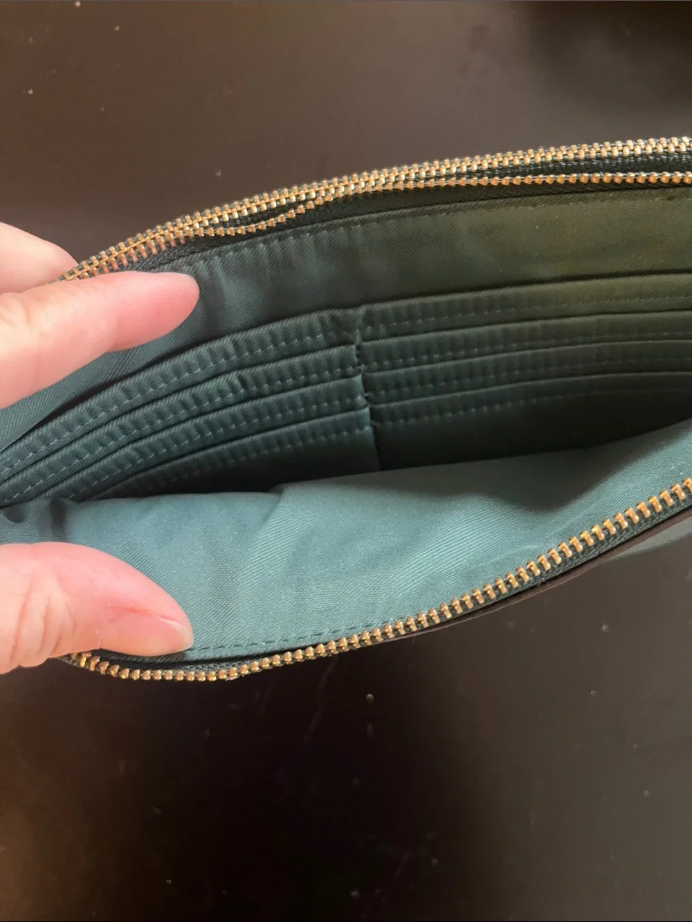 Coach Pebbled Leather Wristlet in forrest green with Gold Hardware